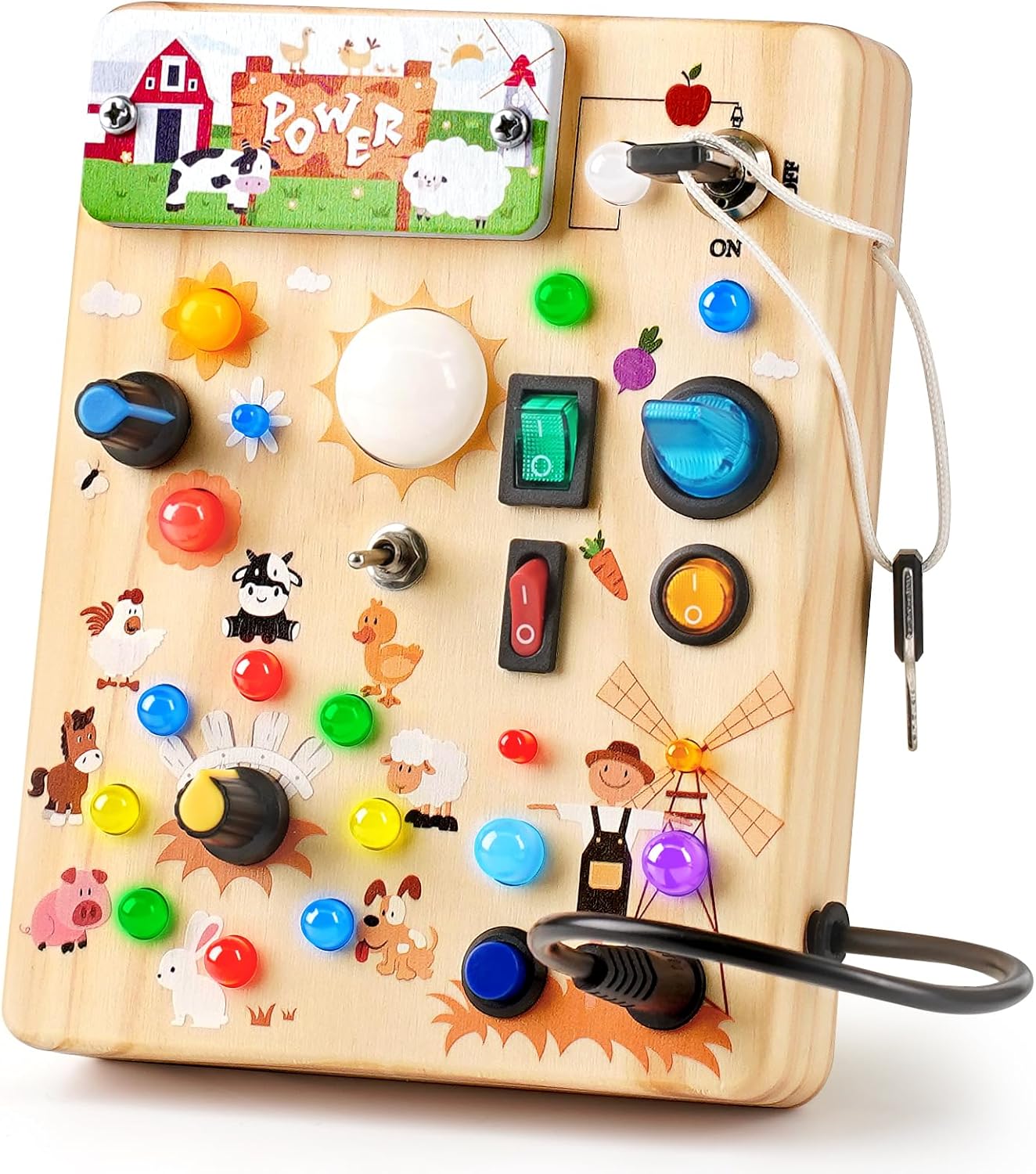 Joyreal Montessori Busy Board Wooden Sensory Toys for Toddler with LED Light Up Switch, Baby Fidget Board Travel Toys for 18+ Months, Boys Girls Birthday