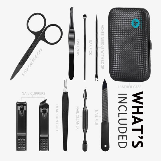 Manicure Set 9 in 1 Stainless Steel, Nail Clippers Scissors Pedicure Tools Kit - Portable Travel Grooming Kit for Men and Women with Black/Red Leather Case (Blue) - PuriLite