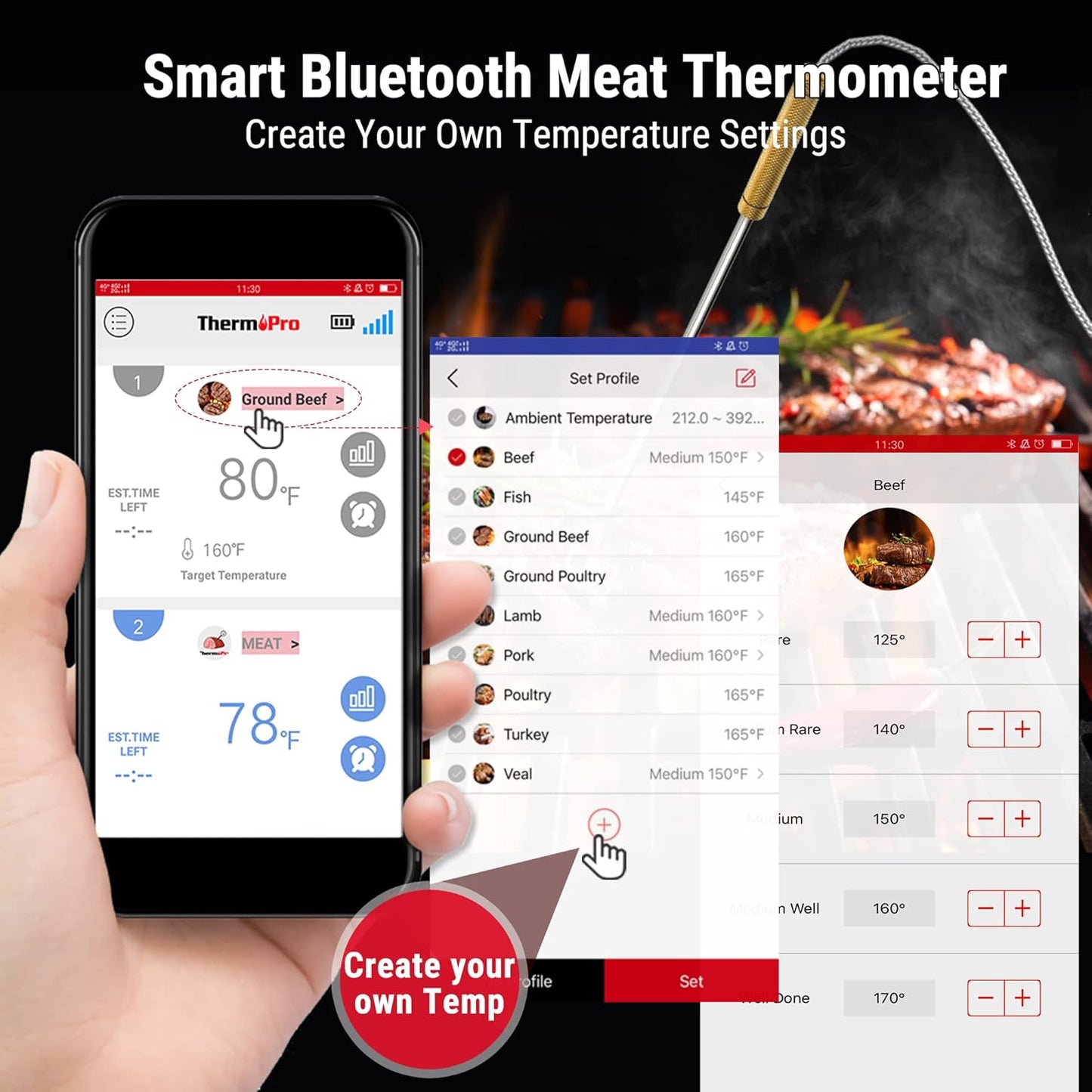 ThermoPro TP25 650FT Wireless Meat Thermometer with 4 Probes, Bluetooth Meat Thermometer for Cooking, BBQ Oven Food Smoker Thermometer Rechargeable