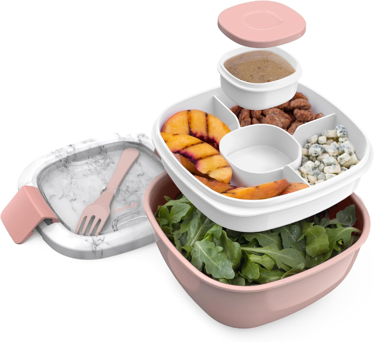 Bentgo Salad - Stackable Lunch Container with Large 54-oz Salad Bowl, 4-Compartment Bento-Style Tray for Toppings, 3-oz Sauce Container for Dressings, Built-in Reusable Fork & BPA-Free (Khaki Green)