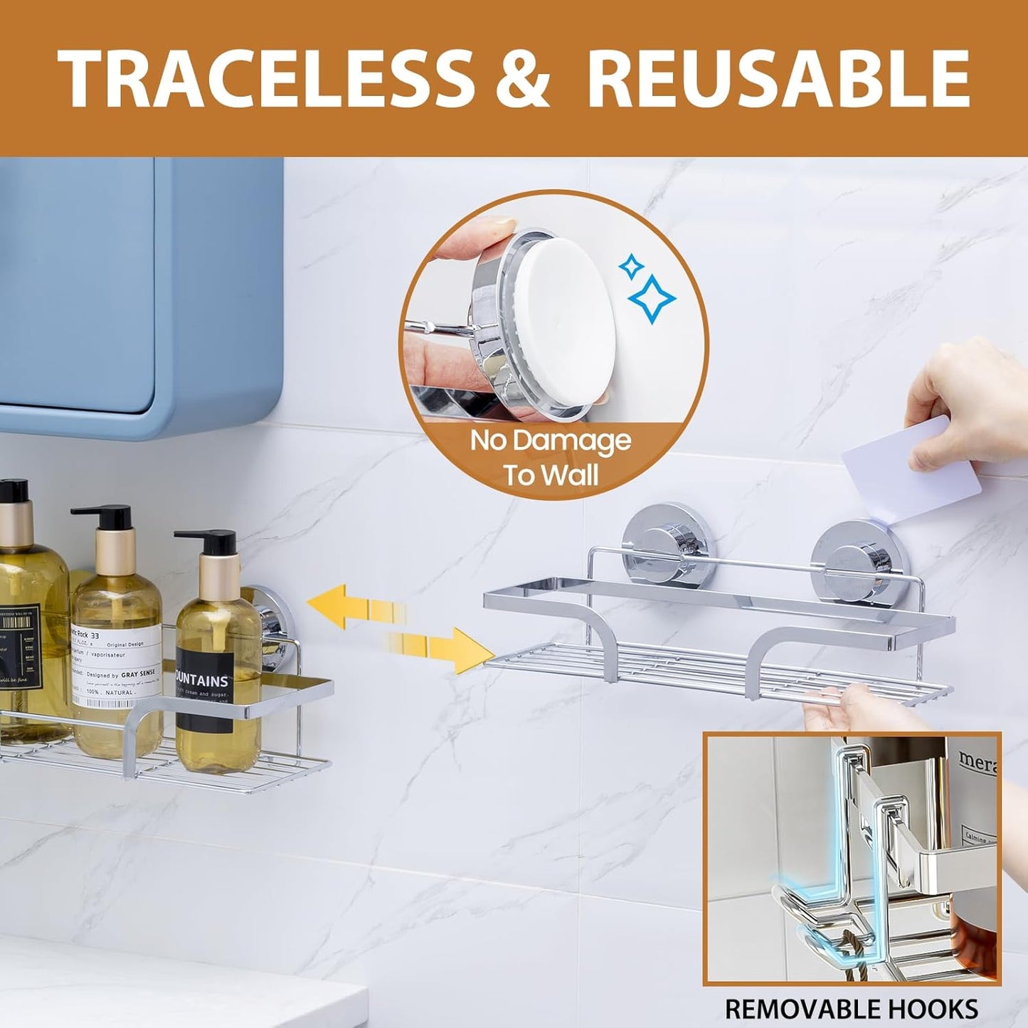 LEVERLOC Shower Caddy Suction Cup, 2 Pack Black Shower Shelf with Hooks and Soap Holder, NO-Drilling Bathroom Organizer, Rustproof Metal Bathroom Storage and Organization