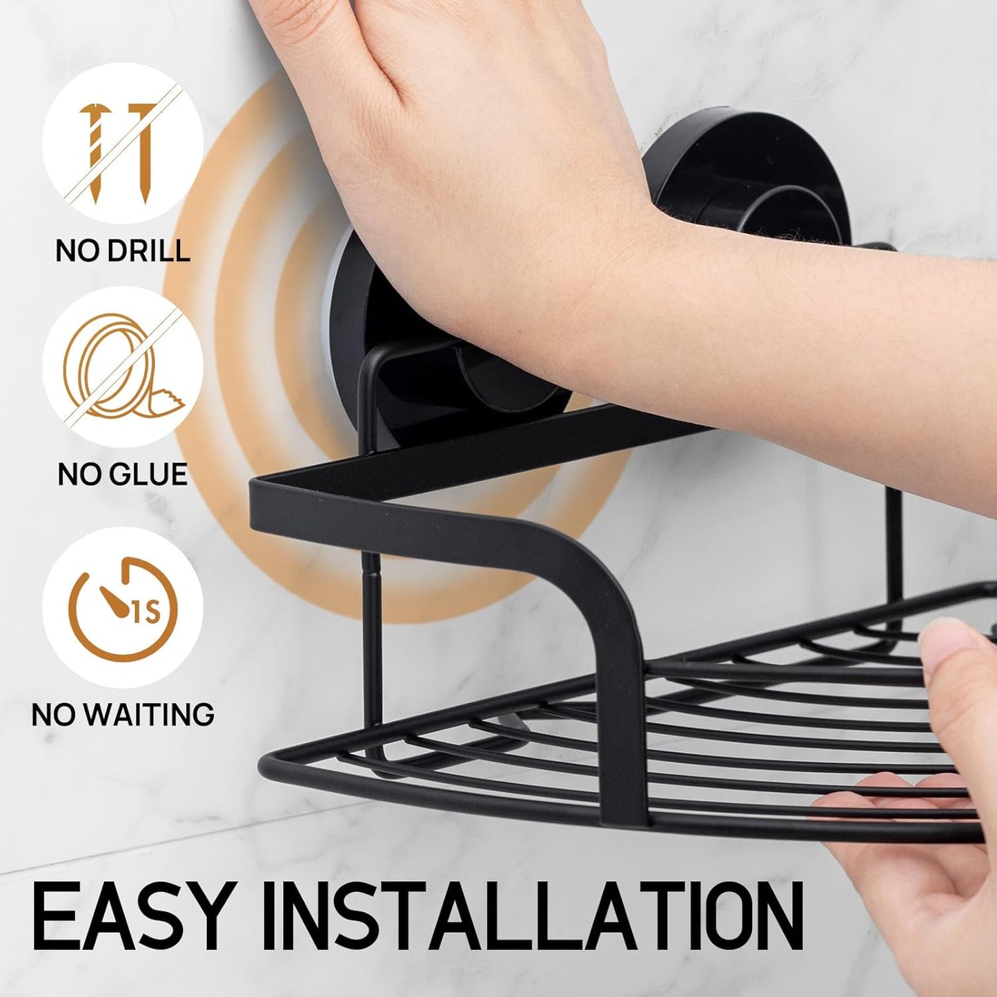 LEVERLOC Shower Caddy Suction Cup, 2 Pack Black Shower Shelf with Hooks and Soap Holder, NO-Drilling Bathroom Organizer, Rustproof Metal Bathroom Storage and Organization