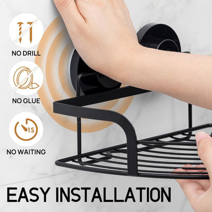 LEVERLOC Shower Caddy Suction Cup, 2 Pack Black Shower Shelf with Hooks and Soap Holder, NO-Drilling Bathroom Organizer, Rustproof Metal Bathroom Storage and Organization