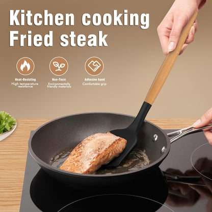 Silicone Cooking Utensils Set - Silicone Kitchen Utensils for Cooking Wooden Handles, 446°F Heat Resistant Kitchen Utensil Spatula Sets w Holder, Gadgets for Non-Stick Cookware BPA Free (Black)