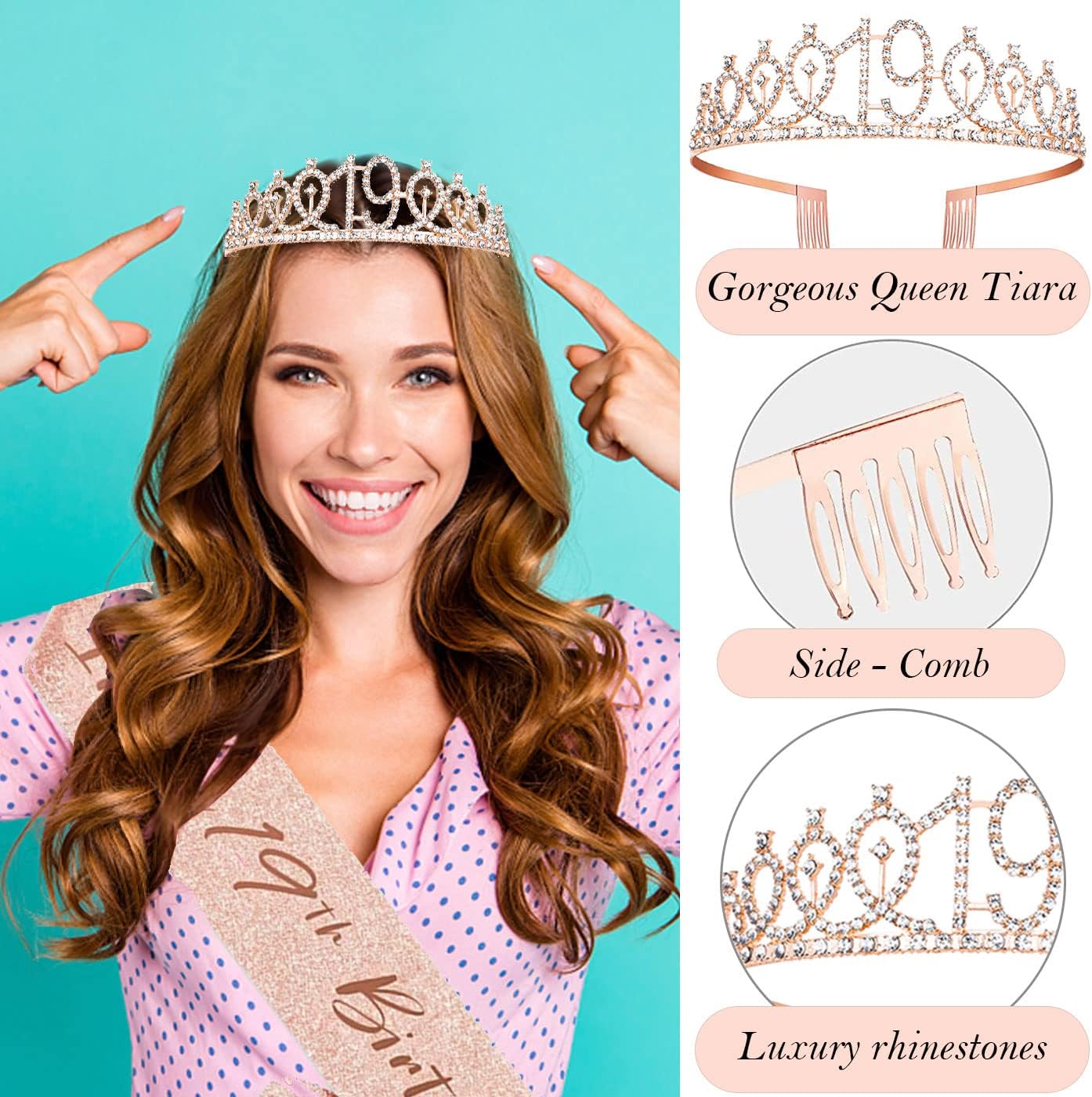 8pcs 40th Birthday Decorations gifts for Women, Including 40th Happy Birthday Cake Topper, Queen Sash with Pearl Pin, Sweet Rhinestone Tiara Crown for Women, Number Candles and Balloons (Rose Gold)