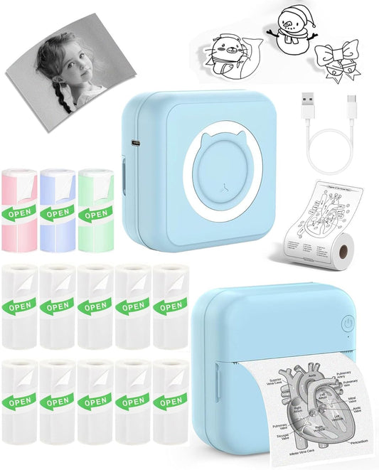 Label Maker - Mini Portable Sticker Printer with 13 Rolls Self-Adhesive Thermal Papers, Labeller Machine for Home Office Study Business Texts Journal, Blue