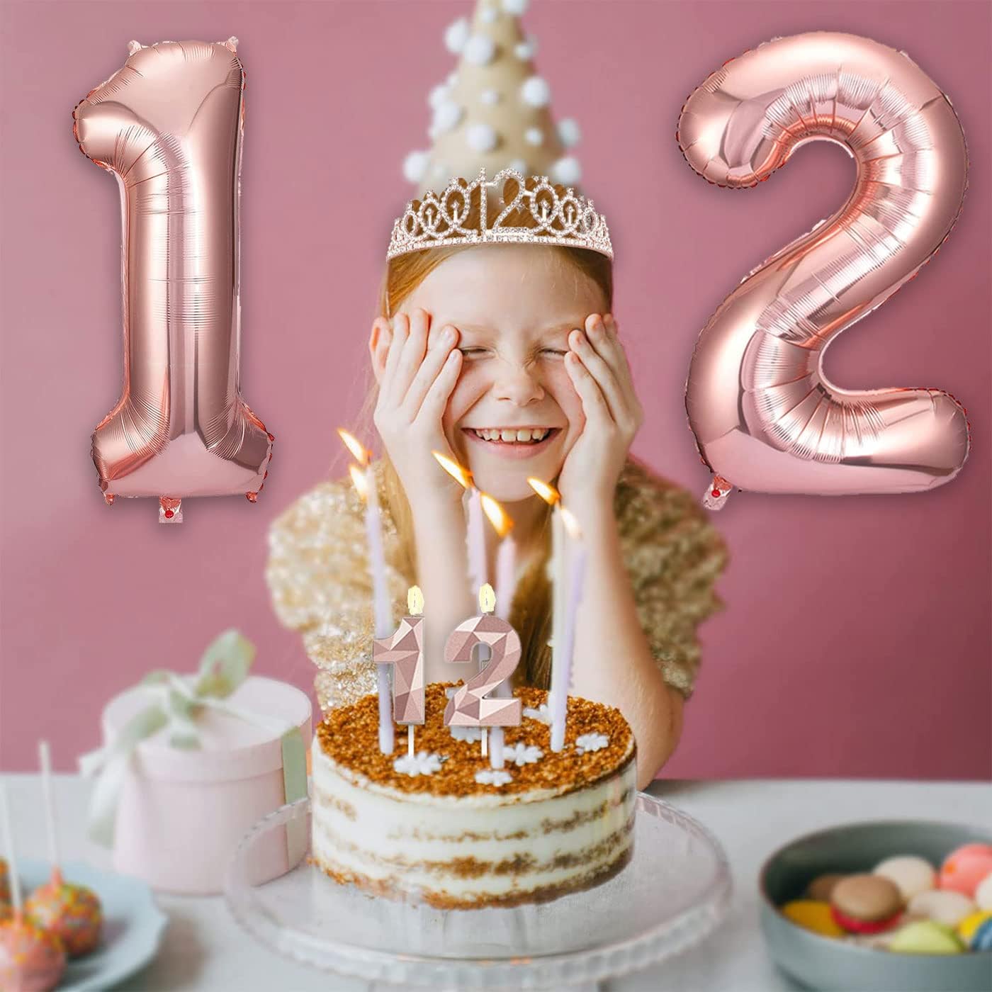 8pcs 40th Birthday Decorations gifts for Women, Including 40th Happy Birthday Cake Topper, Queen Sash with Pearl Pin, Sweet Rhinestone Tiara Crown for Women, Number Candles and Balloons (Rose Gold)