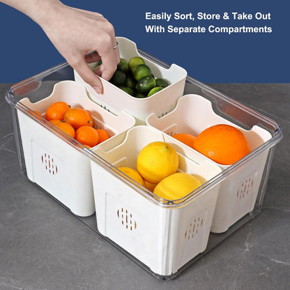 Taiuloo Divided Serving Tray with Lid & Handle, Airtight 6 Compartment Snackle Box Charcuterie Container, Fridge Organizer Bins, Food Storage Container Veggie Tray for Snack, Fruit, Salad, Nut