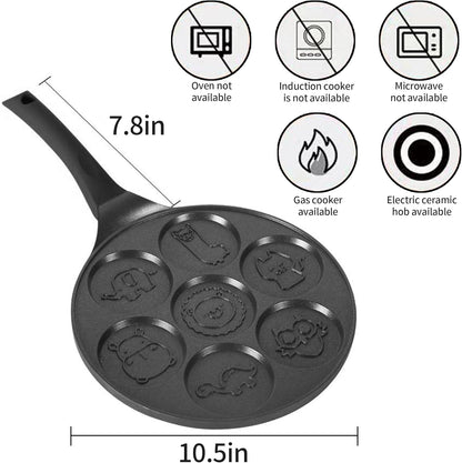 Pancake Pan with 7 Animal Shapes- 10 Inch Grill Pan Non-Stick Griddle 7 Cavity Mini Pancake Maker for Baking Cake Pancke, Brunch, Parties, Birthdays