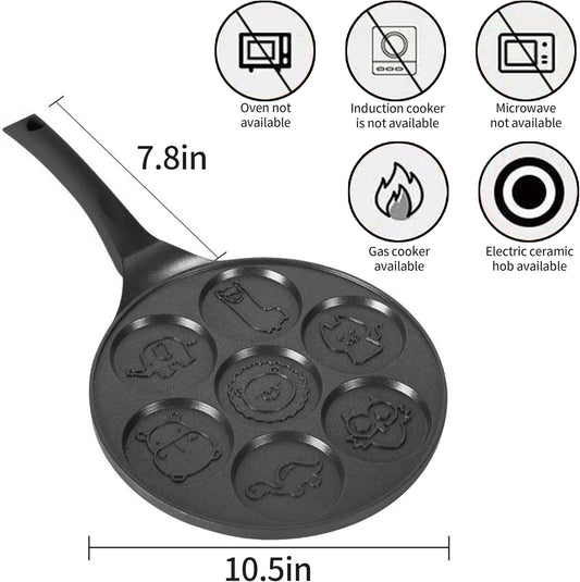 Pancake Pan with 7 Animal Shapes- 10 Inch Grill Pan Non-Stick Griddle 7 Cavity Mini Pancake Maker for Baking Cake Pancke, Brunch, Parties, Birthdays - PuriLite