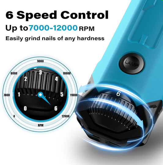 Casfuy 6-Speed Dog Nail Grinder Newest - Super Quiet Pet Nail Grinder Rechargeable Electric Dog Nail Trimmer Professional Paws Grooming & Smoothing Tool for Large Medium Small Dogs (Bright Blue) - PuriLite