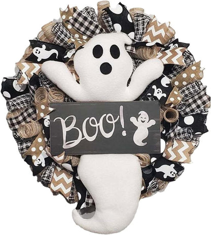 Dysetcs 15.7in Halloween Wreath for Front Door Cute Handmade Halloween Ghost Wreath Artificial Halloween Wreath for Front Door Window Wall Halloween Hanging Decoration,Black