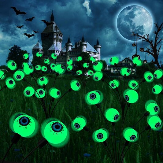 Solar Halloween Lights, 4 Pack 32 LED Green Eyeball Solar Garden Lights, Outdoor Scary Halloween Decorations Ghost Eyes Firefly Lamp for Spooky Party Seasonal Décor Pathway Patio Yard Lawn (Green)