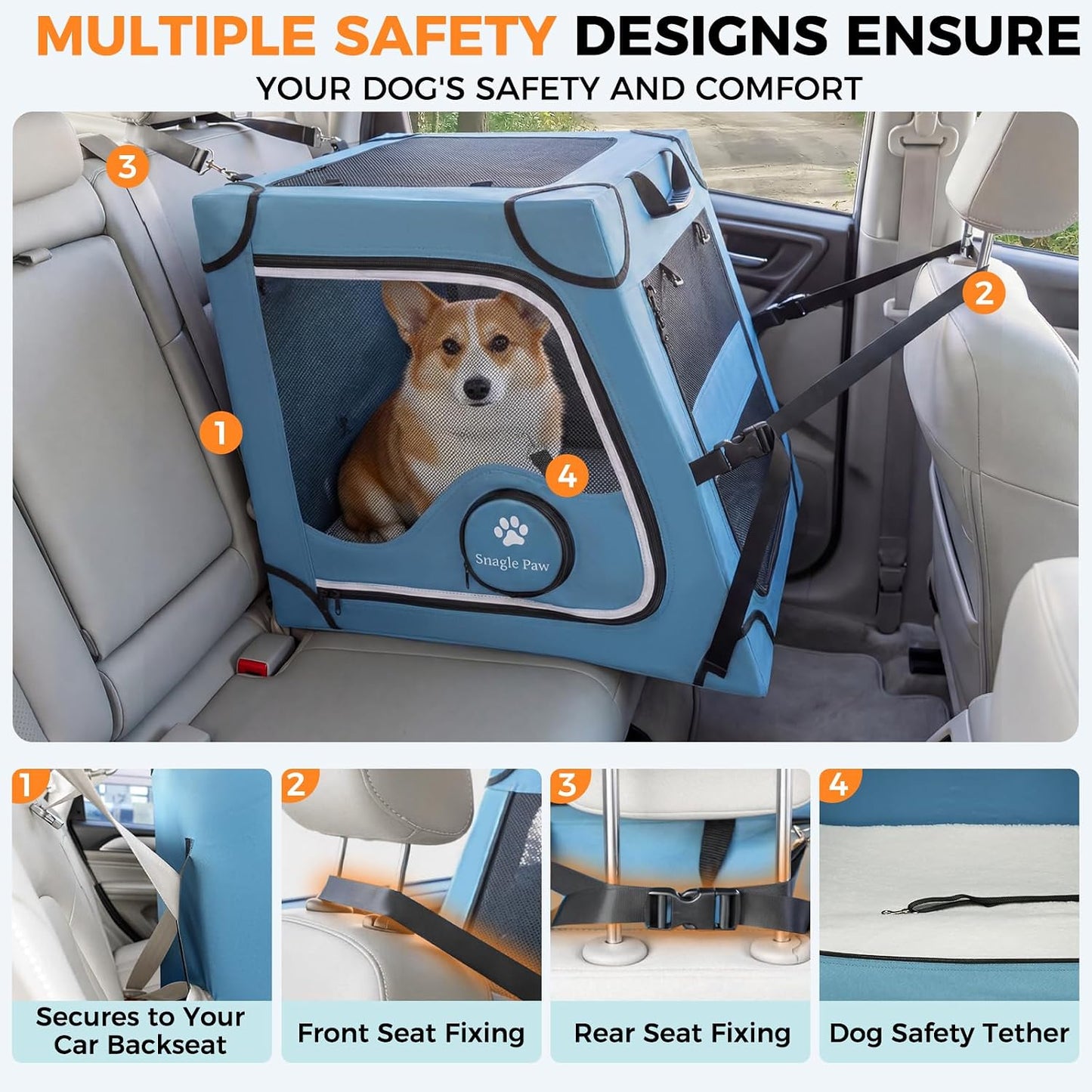 Snagle Paw Portable Dog Crate for Car Travel,Metal Frame Pet Crate,Pet Carrier for Car Back Seat Secures with Headrest Strap and Seatbelt,M