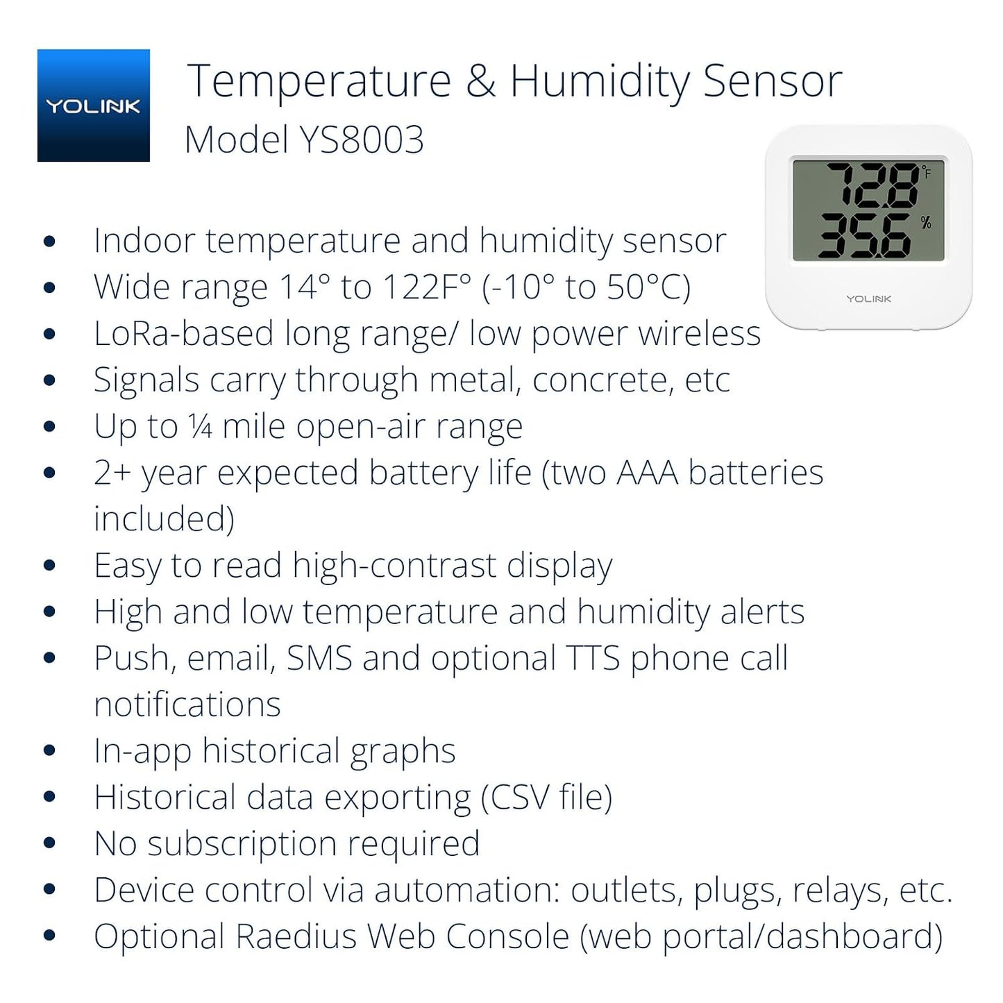 Smart Temperature Humidity Sensor Works w/ Alexa IFTTT, 1/4 Mile Super Long Range Wireless Digital Hygrometer Indoor Thermometer Humidity Meter Temperature Humidity Monitor Sensor -YoLink Hub Required