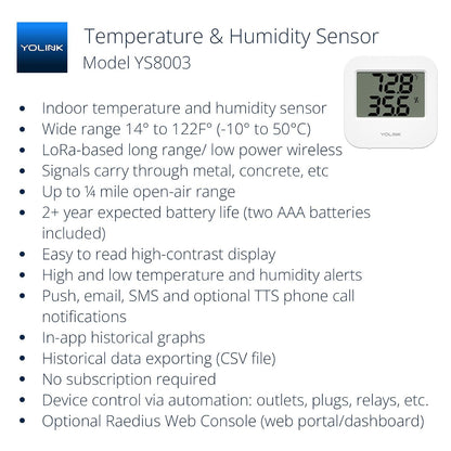 Smart Temperature Humidity Sensor Works w/ Alexa IFTTT, 1/4 Mile Super Long Range Wireless Digital Hygrometer Indoor Thermometer Humidity Meter Temperature Humidity Monitor Sensor -YoLink Hub Required