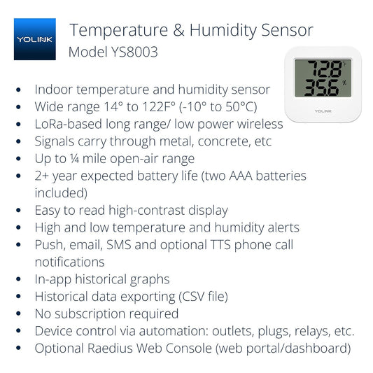 Smart Temperature Humidity Sensor Works w/ Alexa IFTTT, 1/4 Mile Super Long Range Wireless Digital Hygrometer Indoor Thermometer Humidity Meter Temperature Humidity Monitor Sensor -YoLink Hub Required