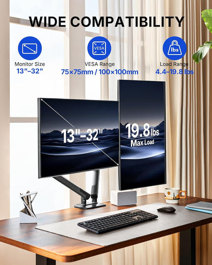 HUANUO FlowLift™ Pro Dual Monitor Arm for 13–32" Screens, MechaSpring Monitor Mount, Adjustable Monitor Arm with Tilt/Swivel/Rotation, Tool-Free VESA Mount, C-Clamp/Grommet Base, Max Load 19.8 lbs