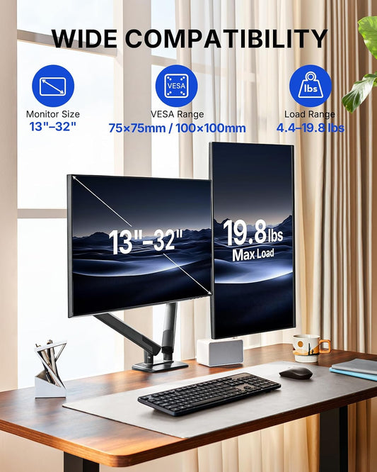 HUANUO FlowLift™ Pro Dual Monitor Arm for 13–32" Screens, MechaSpring Monitor Mount, Adjustable Monitor Arm with Tilt/Swivel/Rotation, Tool-Free VESA Mount, C-Clamp/Grommet Base, Max Load 19.8 lbs