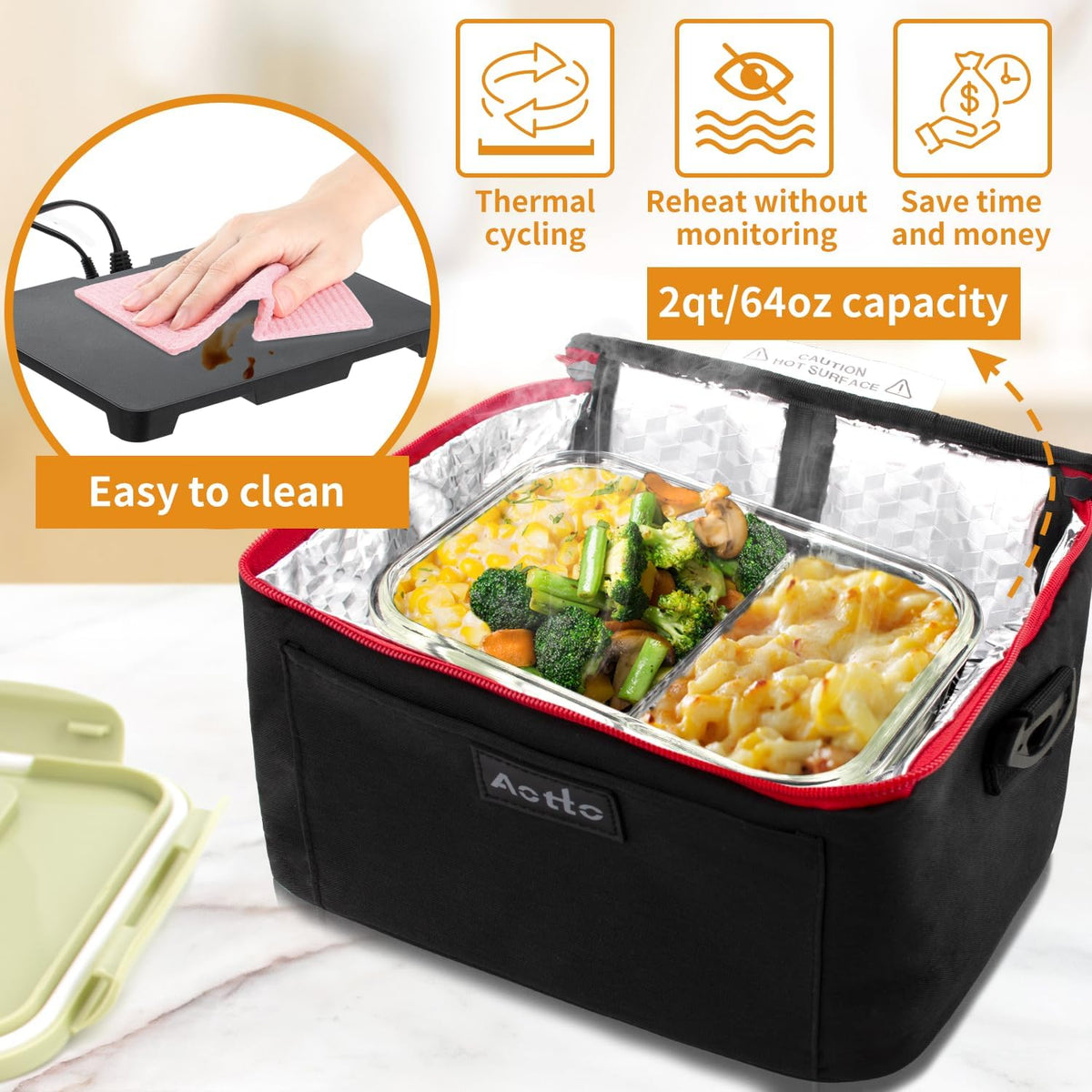 Aotto Portable Oven, Electric Lunch Box Food Heater - 12V/24V/110V 3-in-1 Car Food Warmer - Heated Lunch Box for Adults - Cook, Reheat & Keep Meals Warm for Car, Truck, Travel, Work, Home - Black Red