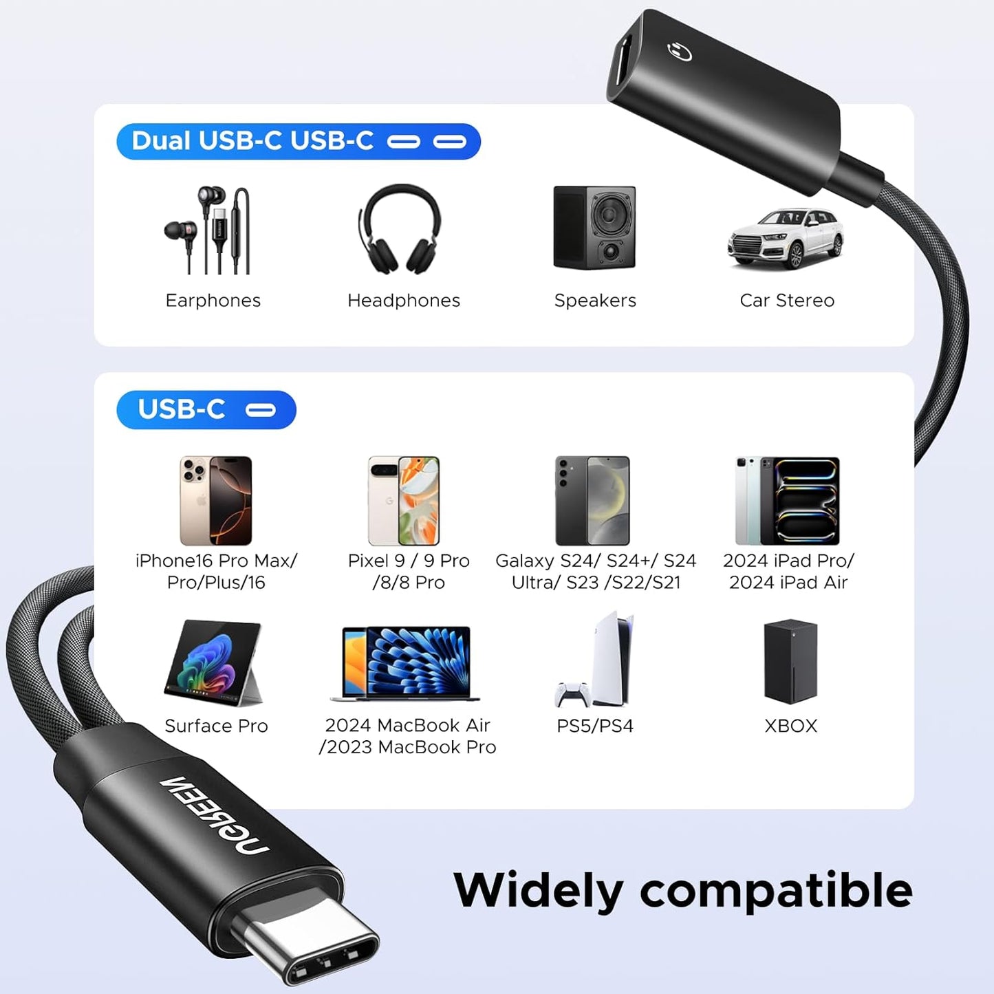 UGREEN Audio Adapter USB C Splitter 1 in 2 Out Dual USB C Headphone and Charger Magnetic Type C with PD 60W Fast Charging Dongle Cable for iPhone 16 Pro Max, Galaxy S25 Ultra, Pixel 9, iPad Pro/Air