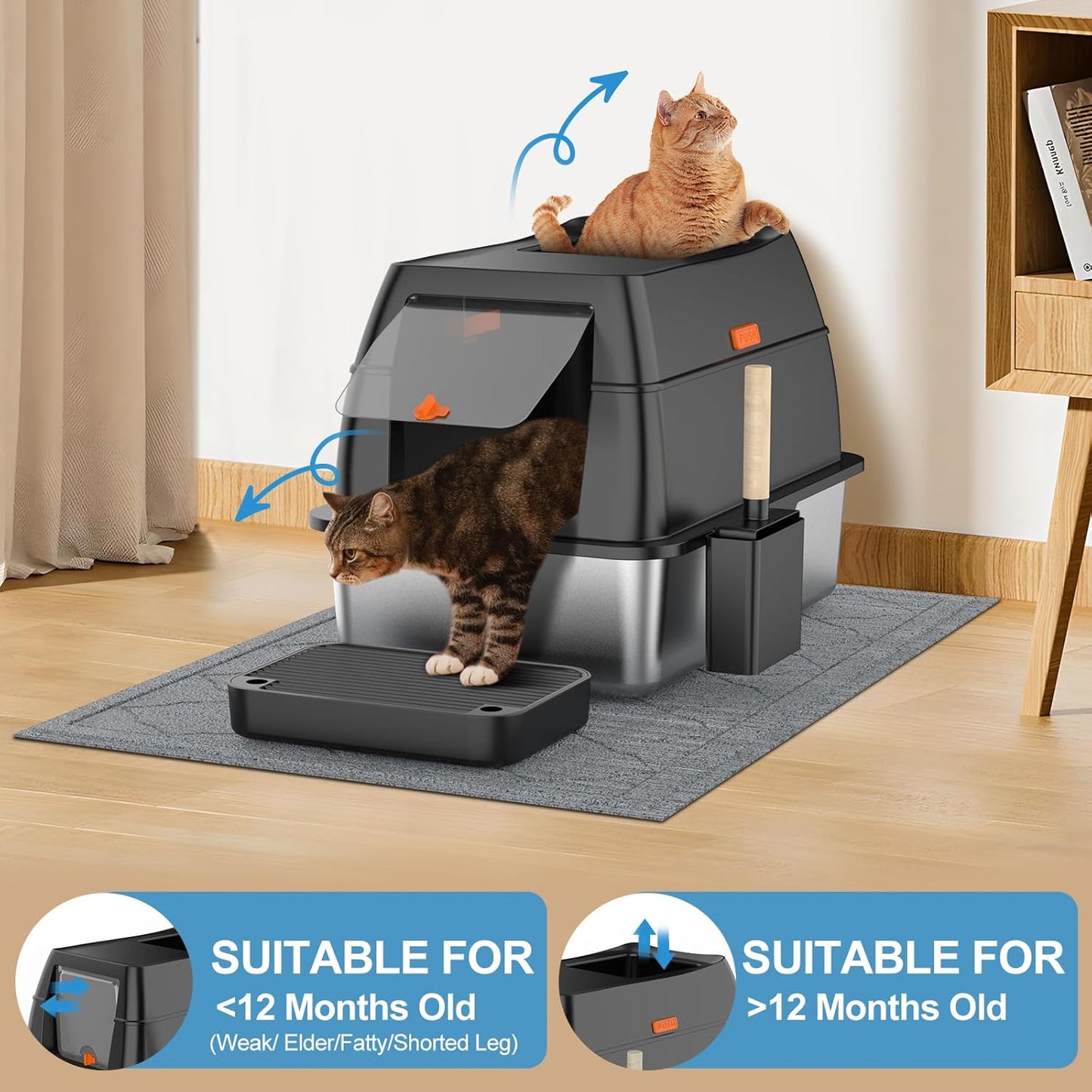 Stainless Steel Cat Litter Box with Lid,Front Entry Top Exit Kitty Litter Box,Extra Large Enclosed Metal Litter Box with Litter Scoop & Litter Mat-Black