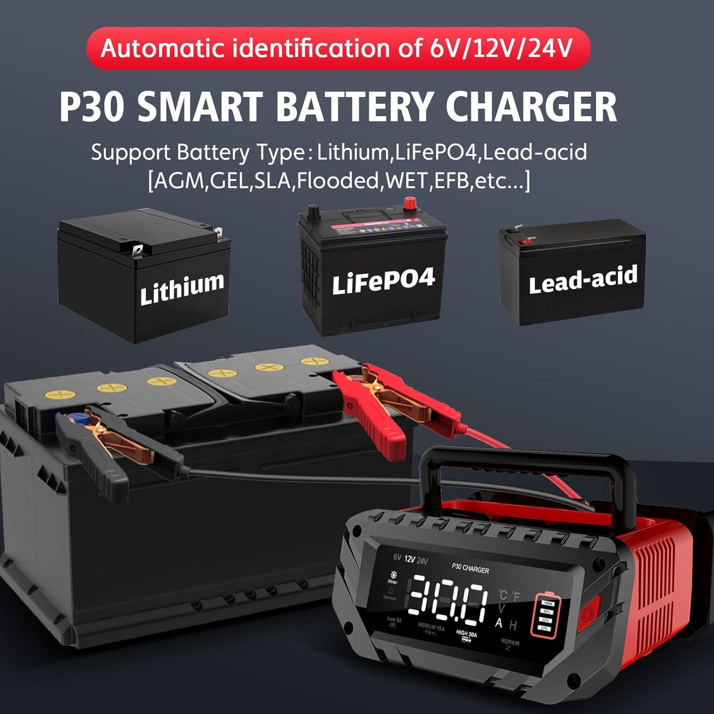 Lithium Lifepo4 Battery Charger,12V 24V Fully Automatic Car Battery Charger, 12 Volt-20A, 24 Volt-10A Trickle Charger maintainer, AGM Deep Cycle Battery Charger