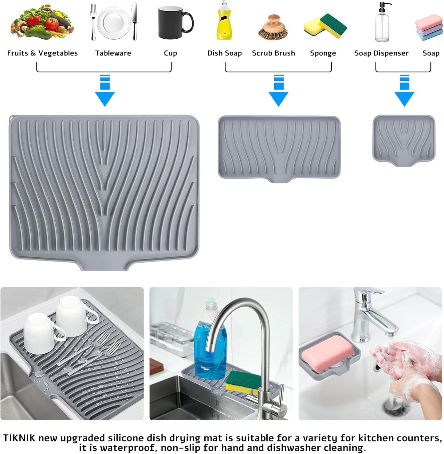 TIKNIK Silicone Dish Drying Mat for Kitchen Counter, Dish Drying Pad, Non-Slip Drain Pad with Built-in Drain, Heat Resistant Stone Drying Mat(40 L x 33 W cm, Grey)