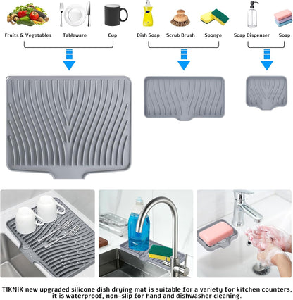 TIKNIK Silicone Dish Drying Mat for Kitchen Counter, Dish Drying Pad, Non-Slip Drain Pad with Built-in Drain, Heat Resistant Stone Drying Mat(40 L x 33 W cm, Grey)