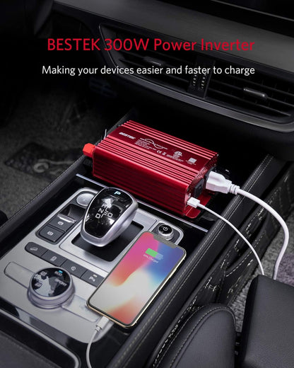BESTEK 300Watt Pure Sine Wave Power Inverter - DC 12V to AC 110V Car Plug Inverter Adapter, Power Converter with 4.8A Dual USB Charging Ports and 2 AC Outlets Car Charger