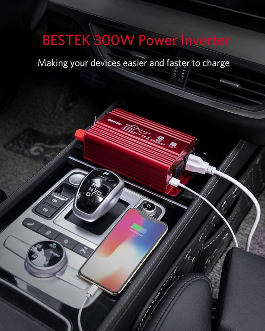 BESTEK 300Watt Pure Sine Wave Power Inverter - DC 12V to AC 110V Car Plug Inverter Adapter, Power Converter with 4.8A Dual USB Charging Ports and 2 AC Outlets Car Charger - PuriLite