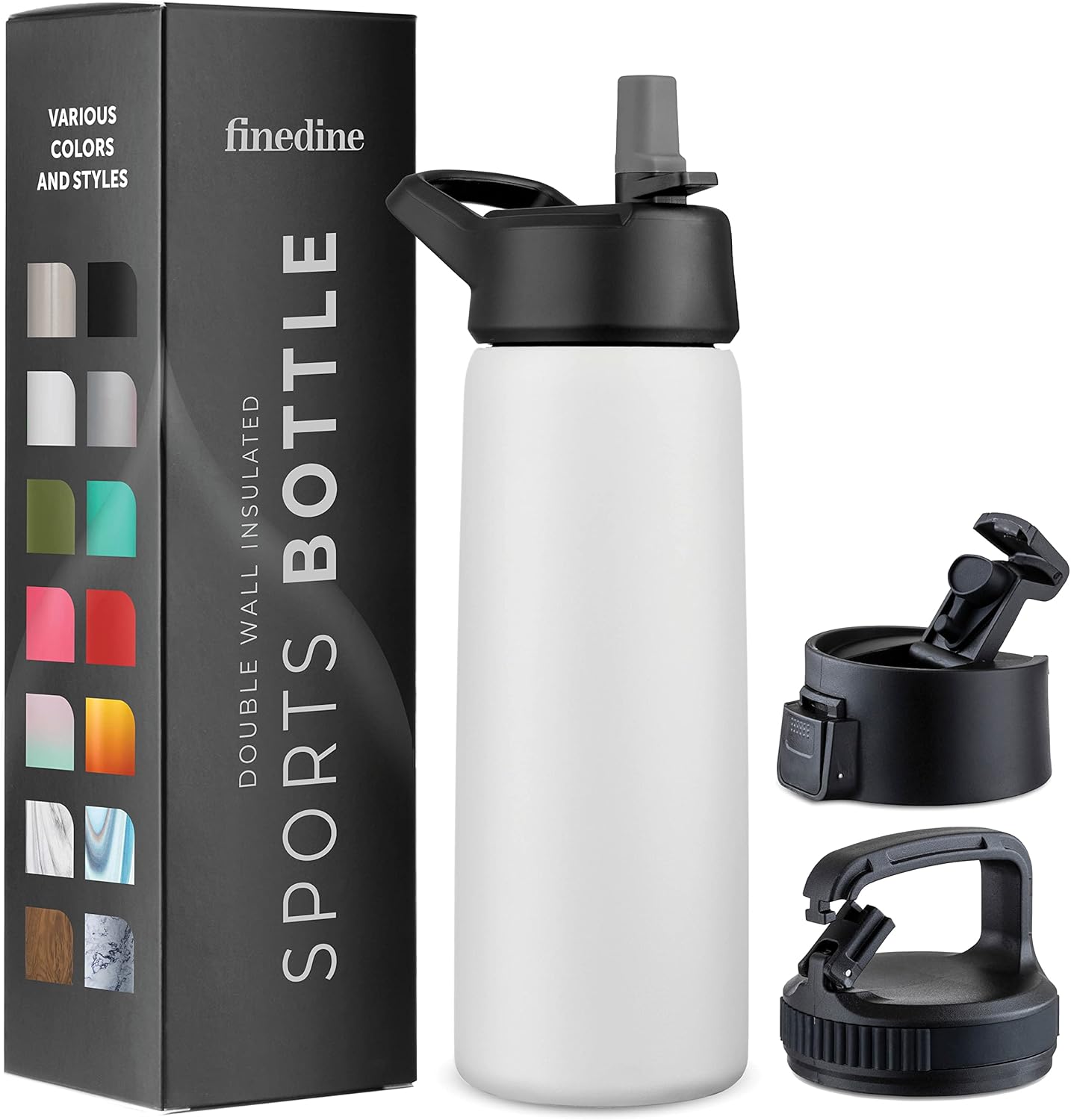 FineDine Water Bottle - Stainless Steel Insulated Water Bottle with Straw Lid, Flip Lid & Wide-Mouth Cap - Keeps Hot and Cold - 25 Oz / 739ml - Pure Pearly White