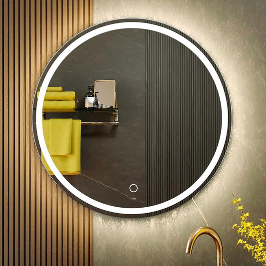 KWW Round Mirror Bathroom LED Lighted Mirror, Illuminated Dimmable Anti-Fog Wall-Mounted Makeup Vanity Mirror with Lights (24L x 24W inches) - PuriLite