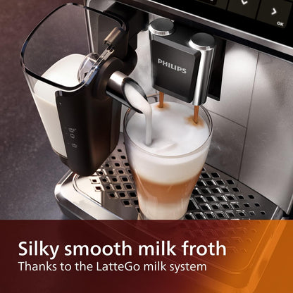 PHILIPS 5500 Series Fully Automatic Espresso Machine - LatteGo Milk System, 20 Coffee Varieties, Intuitive Touch Display, SilentBrew, 100% Ceramic Grinder, AquaClean Filter, Grey Chromed (EP5544/90)