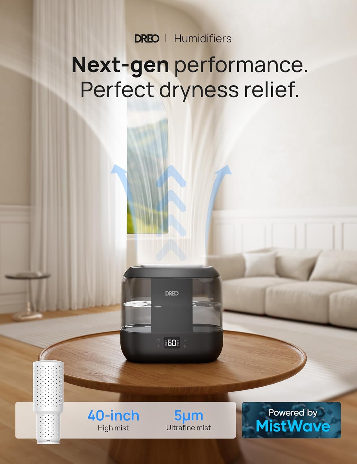 Dreo Smart Humidifiers for Bedroom, Top Fill 4L Supersized Cool Mist Humidifier with Nightlight, 36H Runtime, Touch/APP/Voice Control, 28 dB Quiet Ultrasonic Humidifiers for Large Room, Baby, Plants