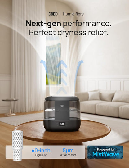 Dreo Smart Humidifiers for Bedroom, Top Fill 4L Supersized Cool Mist Humidifier with Nightlight, 36H Runtime, Touch/APP/Voice Control, 28 dB Quiet Ultrasonic Humidifiers for Large Room, Baby, Plants