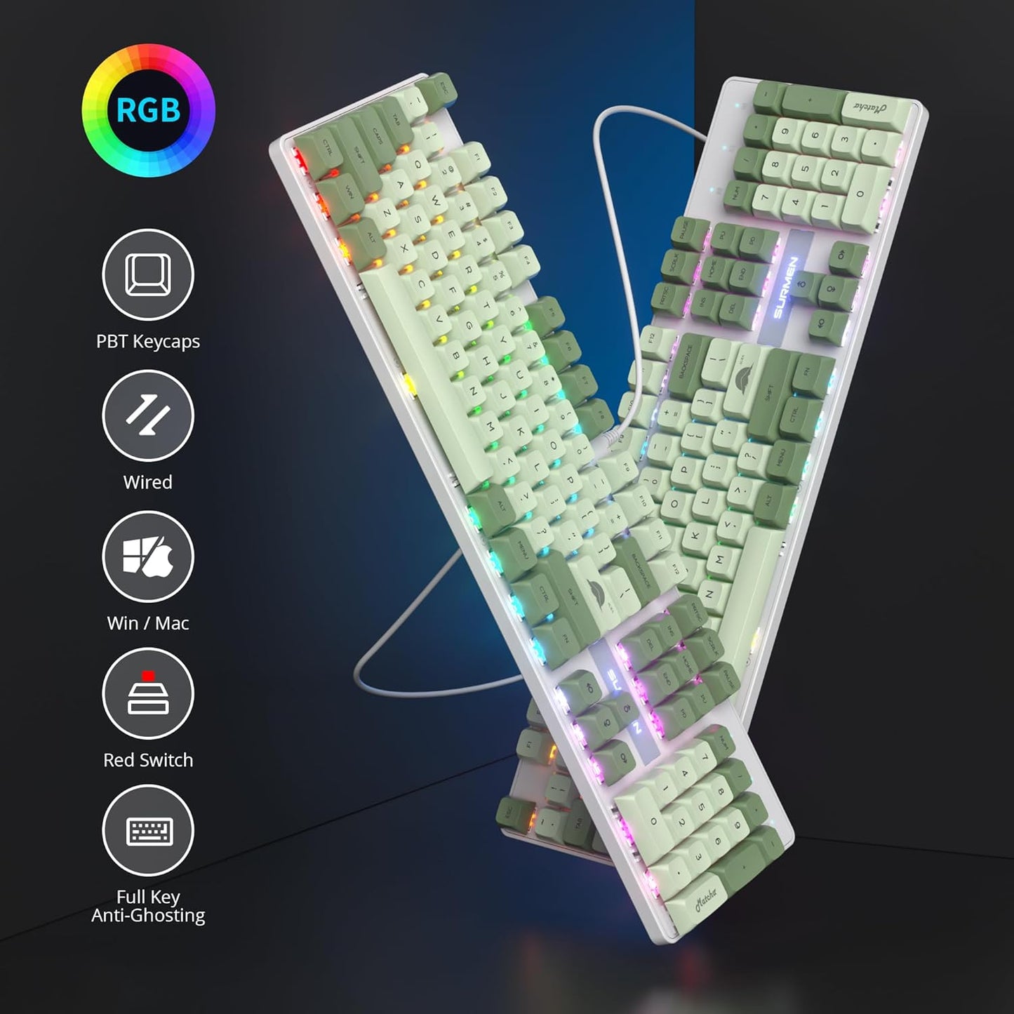 Owpkeenthy Full Size Green Mechanical Gaming Keyboard with Number Pad, Wired 100% Office NKRO Keyboard RGB Backlit 104 Keys with Red Switch for PC Gamer (104 Matcha)