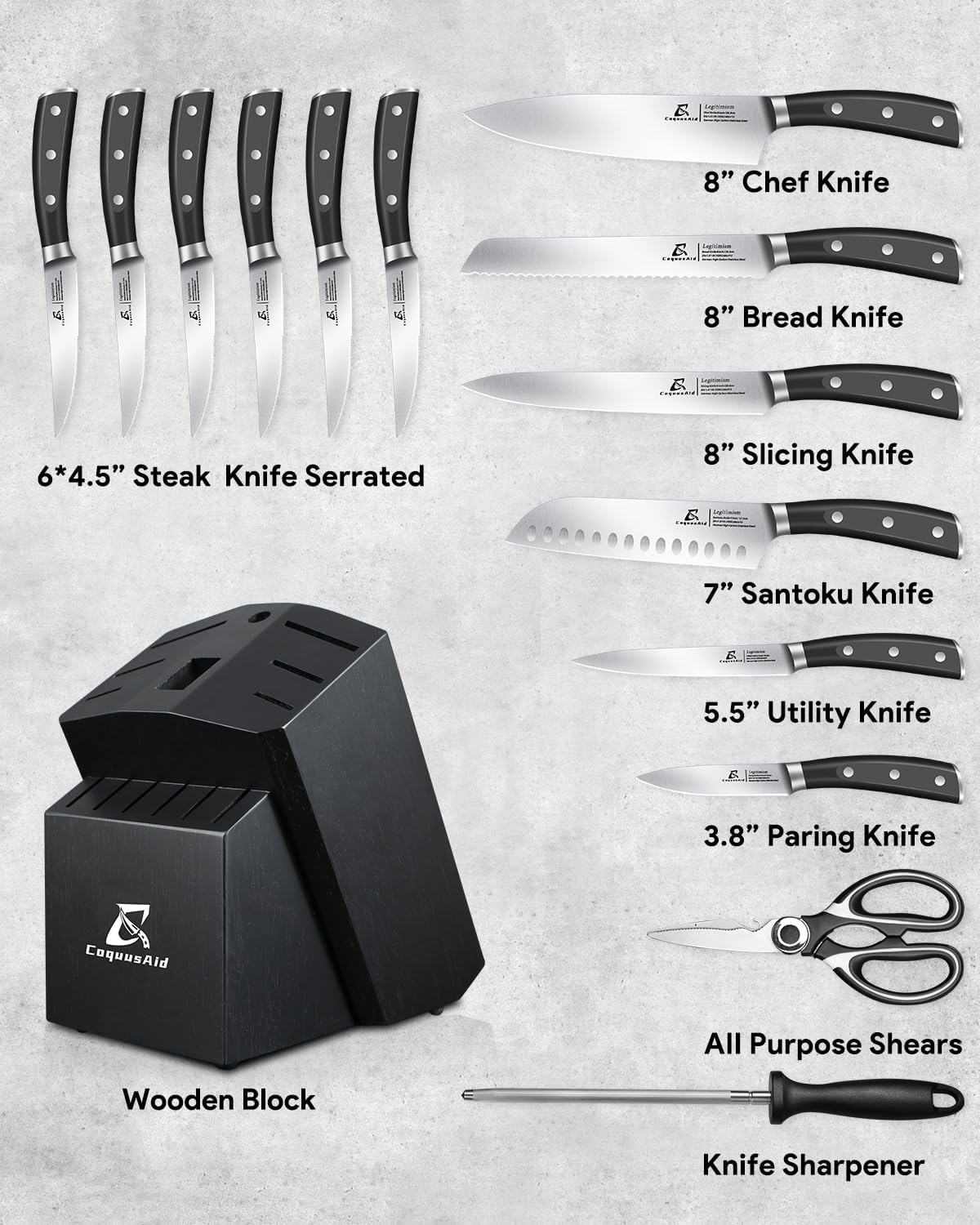 Knife Set with Block, Kitchen Chef Knives Set with Sharpener, Stainless Steel Knife Block Set, 6 Pcs Steak Knife Set Serrated, German Dishwasher Safe, Beveled Design Brown 15 Pieces
