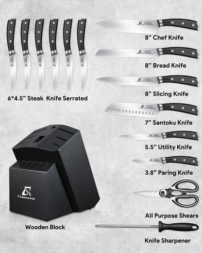 Knife Set with Block, Kitchen Chef Knives Set with Sharpener, Stainless Steel Knife Block Set, 6 Pcs Steak Knife Set Serrated, German Dishwasher Safe, Beveled Design Brown 15 Pieces