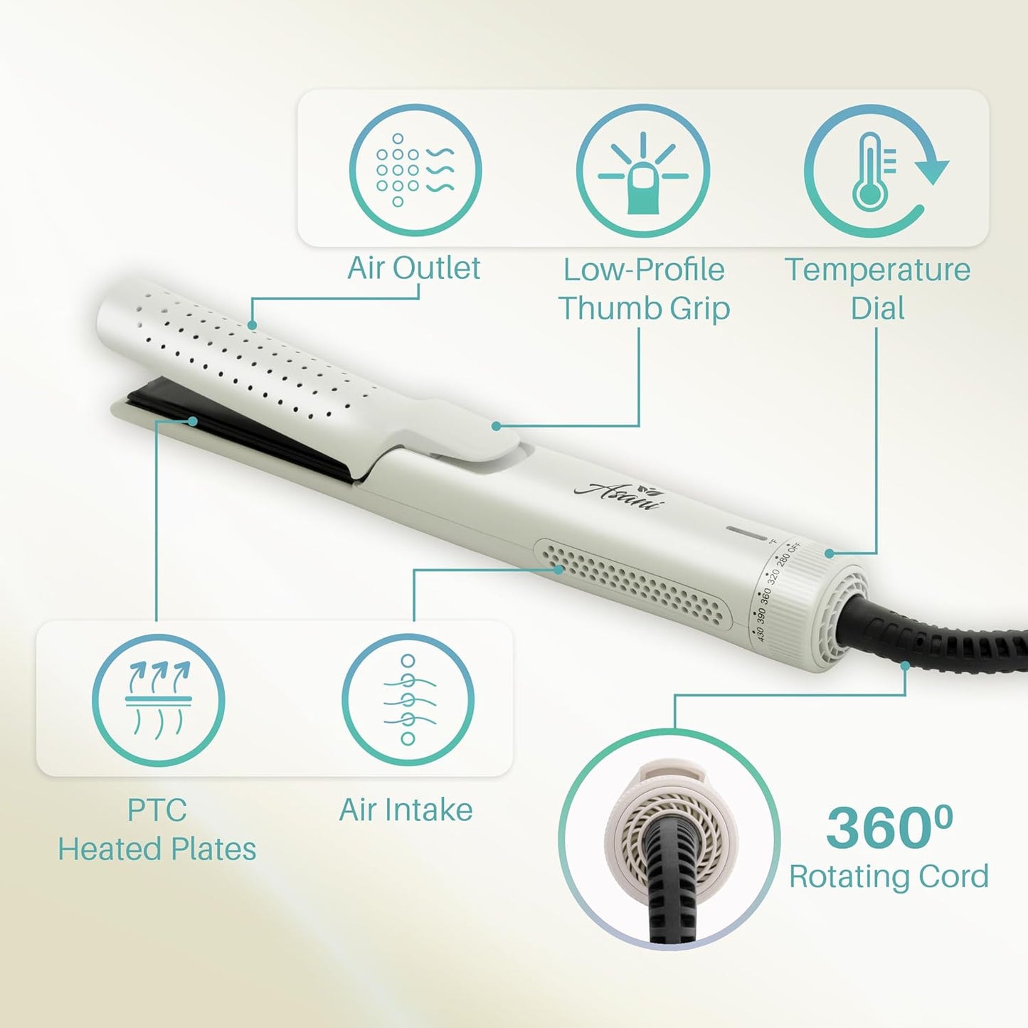 360° Airflow Styler - 2-in-1 Professional Curling Wand & Hair Straightener - Flat Iron Curler with Cooling Fan, Air Vents - Crimper Styling Tool for Volume & All-Day Curls - All Hair Types (White)
