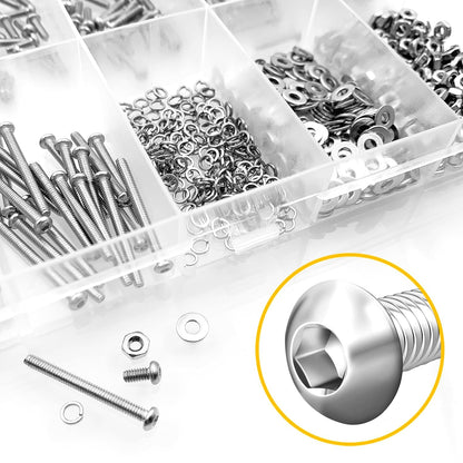 Mywish 900Pcs Metric Screw Assortment, M3 M4 M5 M6 Screw Assortment Kit 304 Stainless Steel Hex Socket Button Head Socket Cap Metric Screws Bolts & Flat Washers/Nuts/Hex Wrenches 16 Sizes 8MM to 20MM