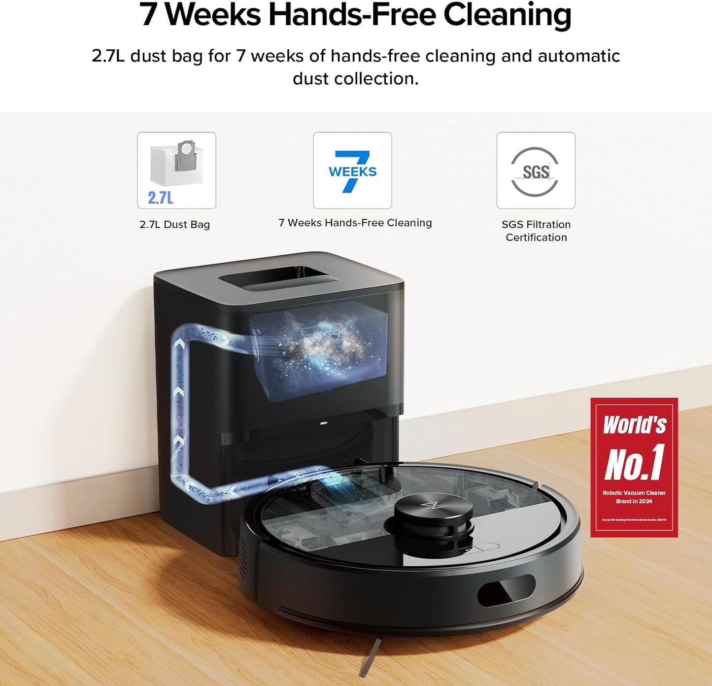 roborock Q7 M5+ Robot Vacuum and Mop, Upgraded from Q5 Max+, 7 Weeks Self-Emptying, 10000Pa Suction, Dual Anti-Tangle System, for Pet Hair & Carpet, PreciSense LiDAR Navigation, App Control, Black