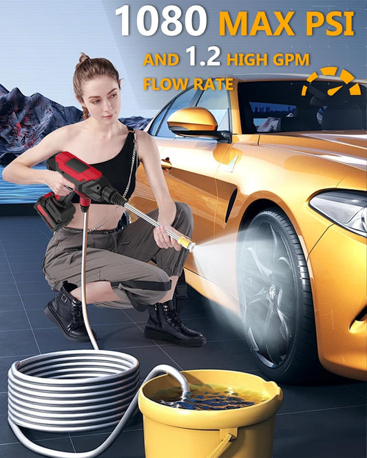 Cordless Pressure Washer, Portable Pressure Washer Battery Powered Max 1080PSI, 1.2GPM with 1 * 21V 4.0Ah Rechargeable Battery, 20FT Drain Hose, Electric Power Washer for Car, Floor, Red