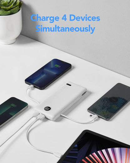 Portable Charger Built-in Cables and AC Wall Plug, VRURC USB C Power Bank 10000mAh, [2025 Upgraded Version] Phone Charger Compact Lightweight External Battery Pack for Smart Phones,Navy Blue