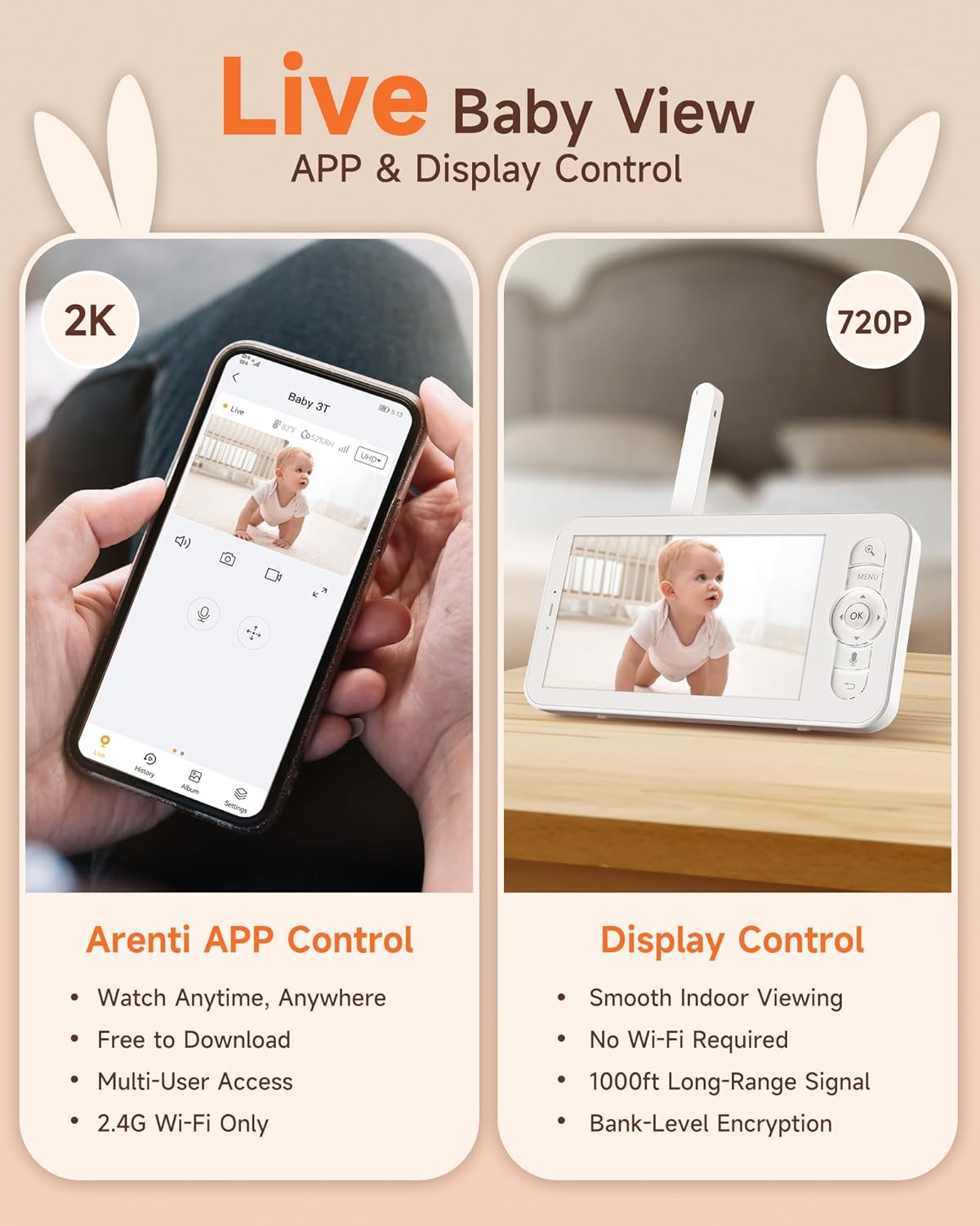 Arenti Baby Monitor 2 Cameras, 2K Smart Baby Camera 2PC with 5-Inch Upgraded Wireless Display 1PC, Super Night Vision, Lullabies, Cry & Motion Detection, Temp & Humidity Sensor, Two Way Audio, ‎Wifi 6