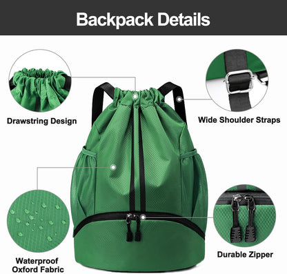 Hoedia Sports Drawstring Backpack - String Swim Gym Bag with Shoes Compartment and Wet Proof Pocket for Women/Men