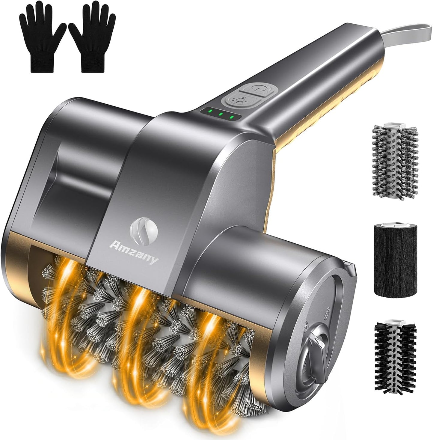 Amzany Cordless Electric Grill Brush — Rechargeable BBQ Cleaner with 3 Replaceable Heads, 2-Speed Powerful Motor, 150-Min Runtime, LED Light for Charcoal, Pellet Grills & Griddles