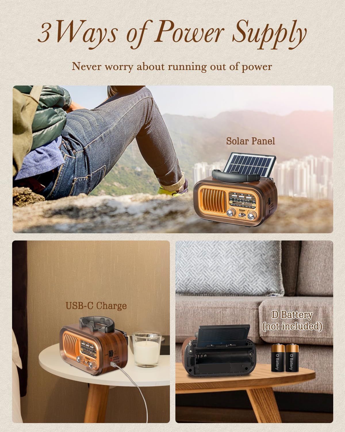 PRUNUS J-150 Small Retro Vintage Radio Bluetooth, Portable Radio AM FM Transistor Radio with Best Sound, Solar/Battery Operated Radios/Rechargeable Radios, TWS, Support TF Card/USB Playing