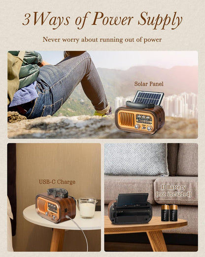 PRUNUS J-150 Small Retro Vintage Radio Bluetooth, Portable Radio AM FM Transistor Radio with Best Sound, Solar/Battery Operated Radios/Rechargeable Radios, TWS, Support TF Card/USB Playing