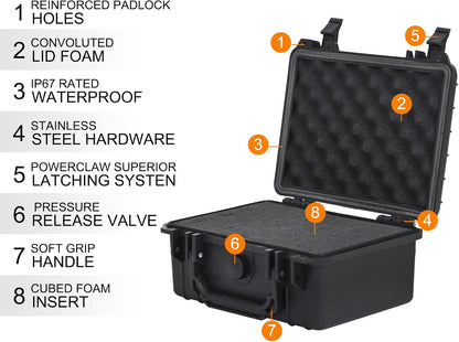MEIJIA Portable Waterproof Protective Hard Case,Camera Case with Customizable Fit Foam Inserted, Elegant Black (9.17"x 7.56"x4.33")